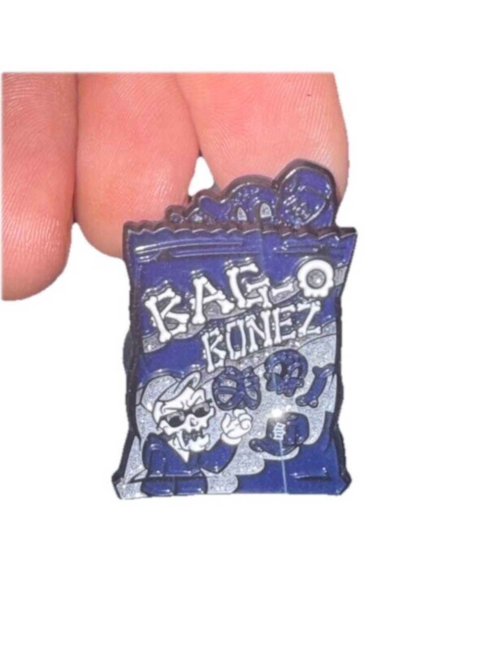 Bag-O-Bonez Enamel Pin - Skeleton Skull Snack Bag Parody Lapel Pin - Blue/Silver